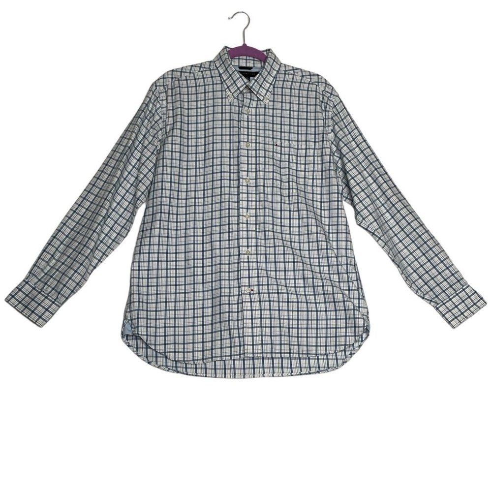 4/$25 Tommy Hilfiger Shirt‎ Blue White Plaid Long Sleeve 80s 2 Ply Fabric Men M
